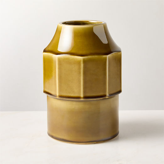 Miramar Paneled Olive Ceramic Vase with Reactive Glaze