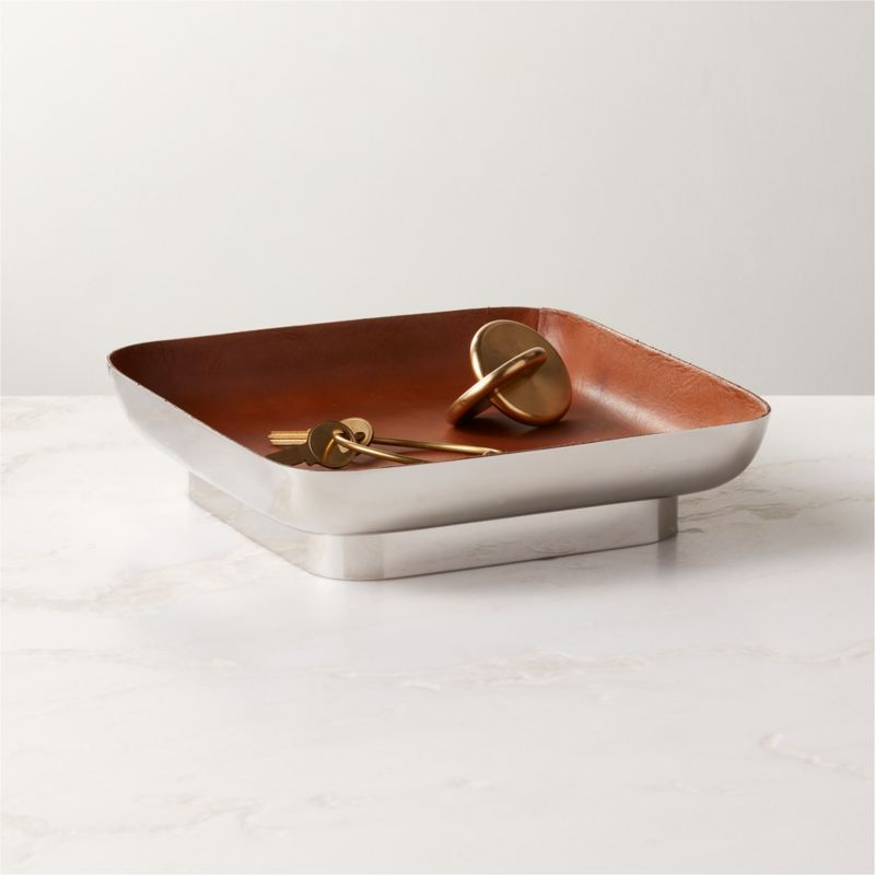 Mitri Stainless Steel and Brown Leather Decorative Tray - image 1 of 7