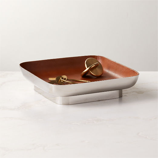 Mitri Stainless Steel and Brown Leather Decorative Tray