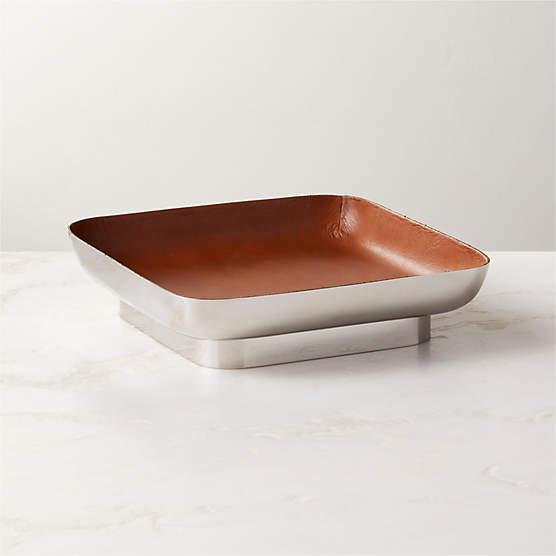 Mitri Stainless Steel and Brown Leather Decorative Tray