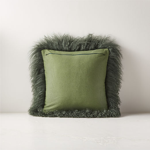 Mongolian Green Sheepskin Fur Throw Pillow with Feather-Down Insert 16"