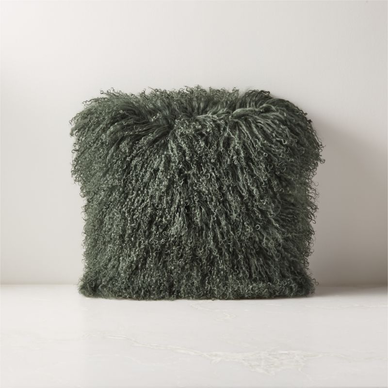 View Mongolian Green Sheepskin Fur Throw Pillow with Feather-Down Insert 16"x16" details