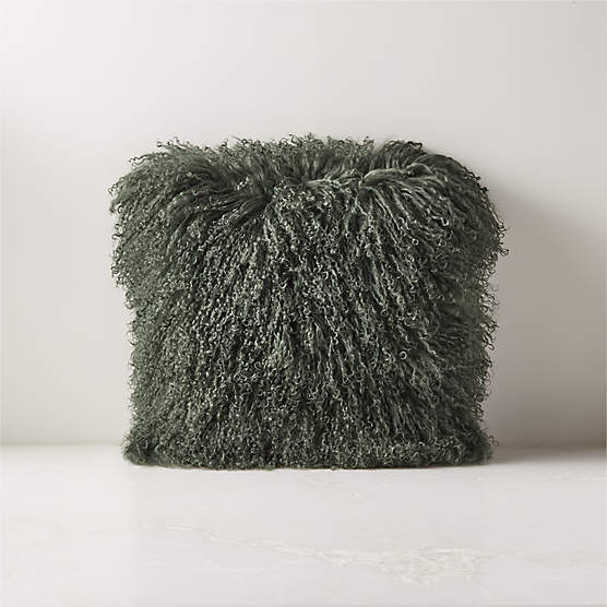 Mongolian Green Sheepskin Fur Throw Pillow Cover 16"x16"