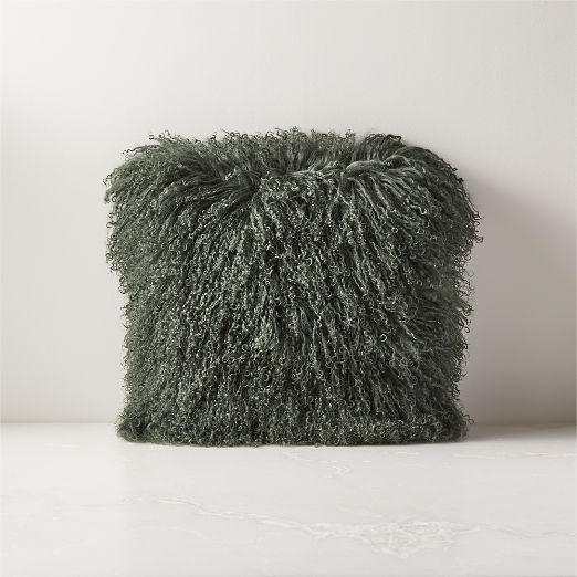 Mongolian Green Sheepskin Fur Throw Pillow with Feather-Down Insert 16"