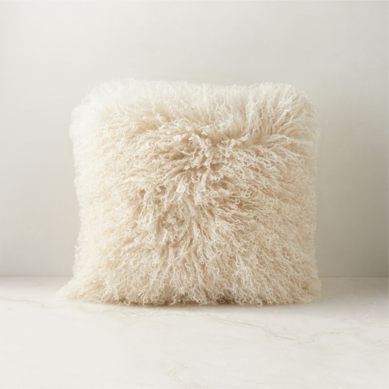 View Warm White Mongolian Sheepskin Fur Throw Pillow with Down-Alternative Insert 16''x16" details