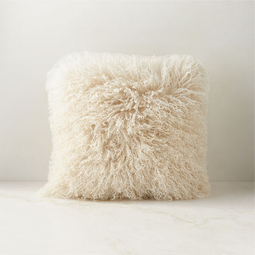 Warm White Mongolian Sheepskin Fur Throw Pillow with Down-Alternative Insert 16''