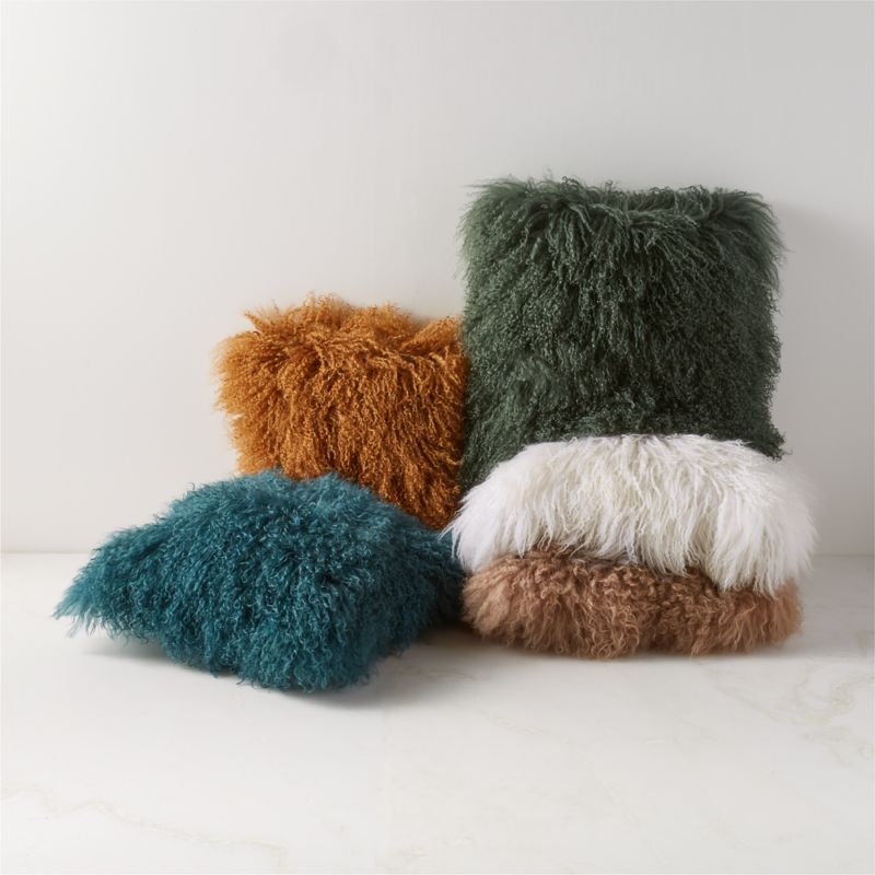 Mongolian Green Sheepskin Fur Throw Pillow with Down-Alternative Insert 16" - image 3 of 4