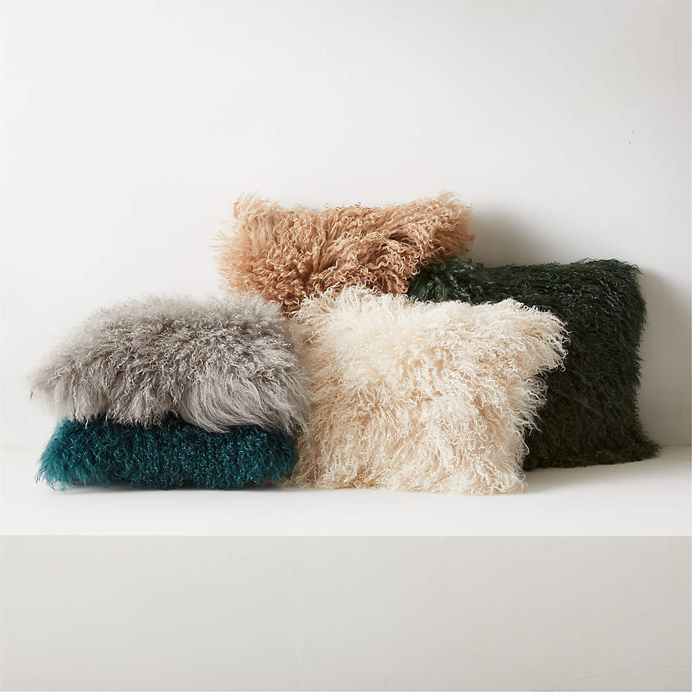 Grey Mongolian Sheepskin Fur Throw Pillow with Down-Alternative Insert 16''  + Reviews