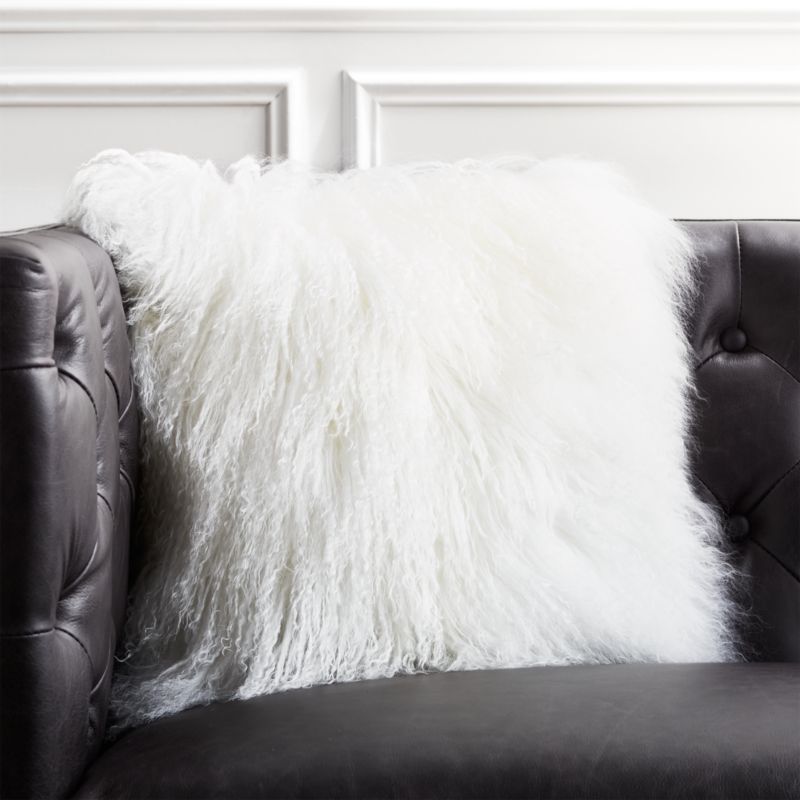 View Mongolian White Sheepskin Fur Throw Pillow with Feather-Down Insert 16" details