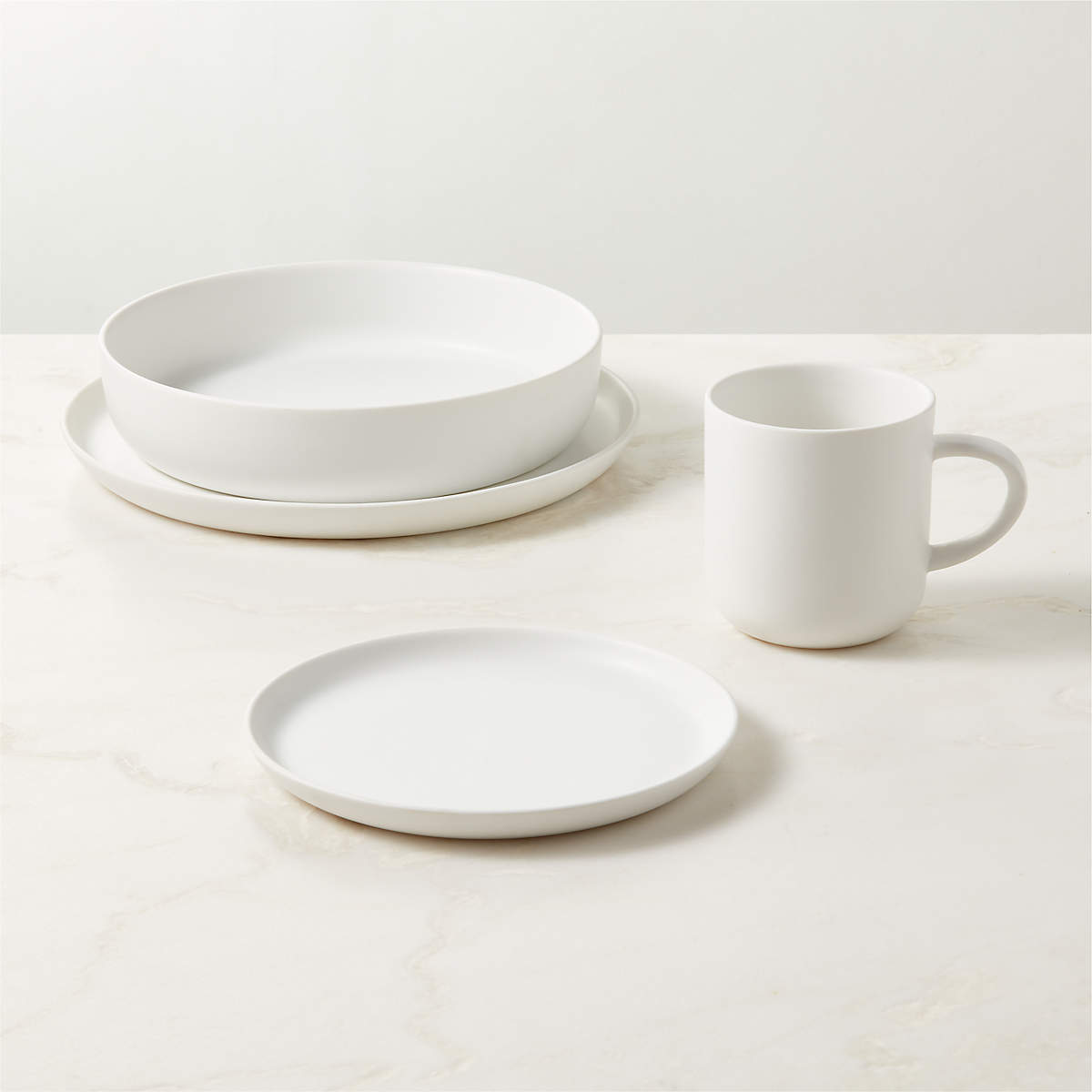 Mori 4-Piece Matte White Dinnerware Set with Soup Bowl | CB2