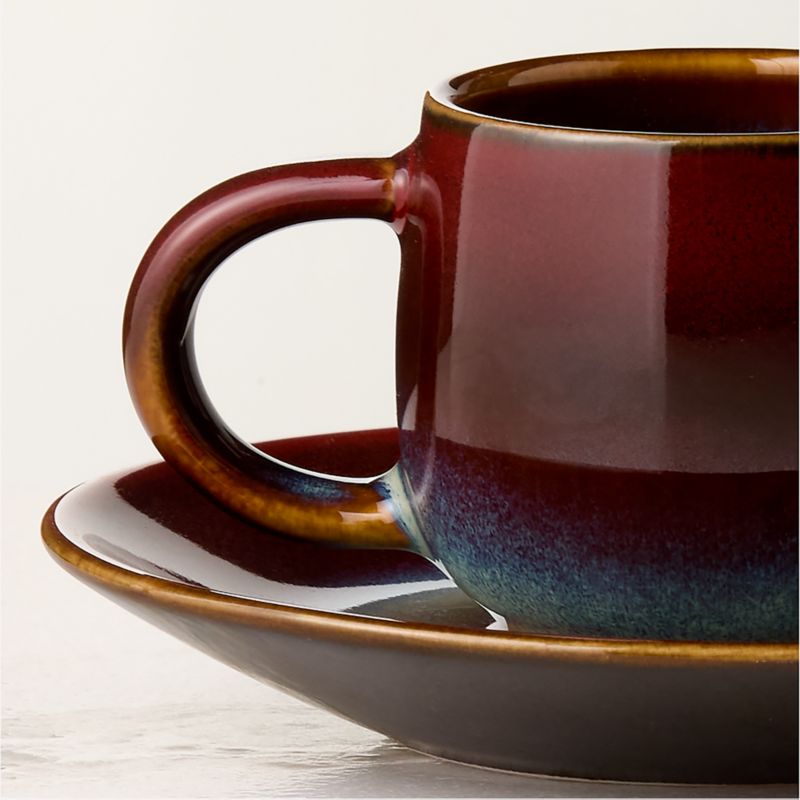 Mori Burgundy and Blue Espresso Cup and Saucer with Reactive Glaze 3oz - image 1 of 4