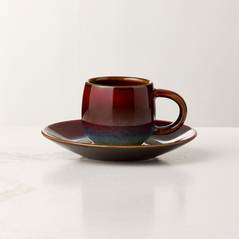 Mori Burgundy and Blue Espresso Cup and Saucer with Reactive Glaze 3oz - image 0 of 4