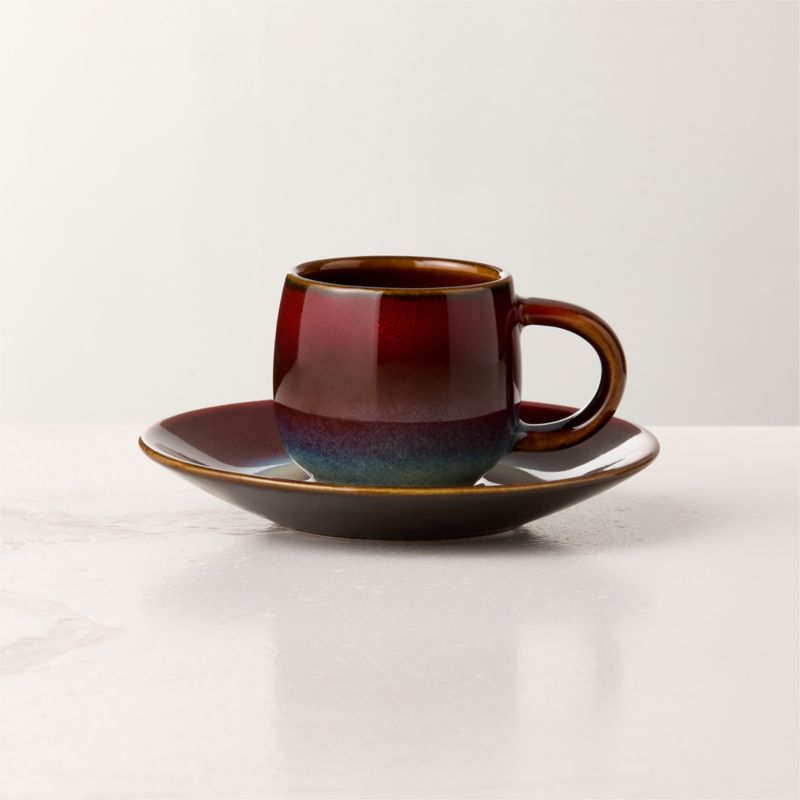 View Mori Burgundy and Blue Espresso Cup and Saucer with Reactive Glaze 3oz details