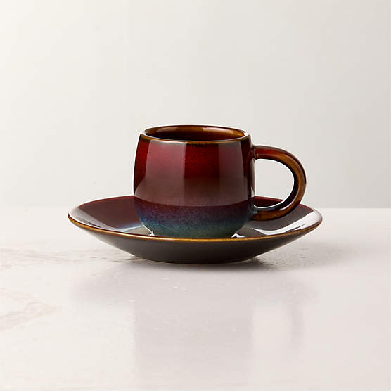 Mori Burgundy and Blue Espresso Cup and Saucer with Reactive Glaze 3oz