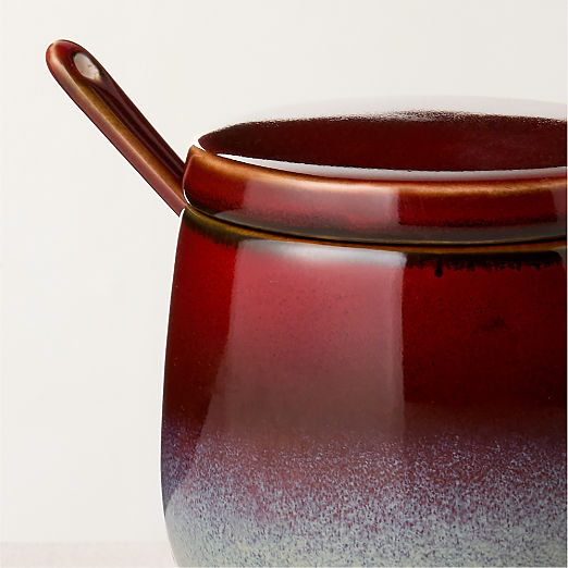 Mori Burgundy and Blue Sugar Bowl and Spoon with Reactive Glaze