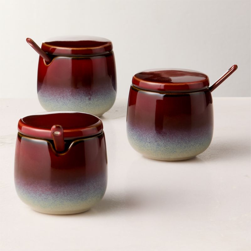 Mori Burgundy and Blue Sugar Bowl and Spoon with Reactive Glaze - image 3 of 5