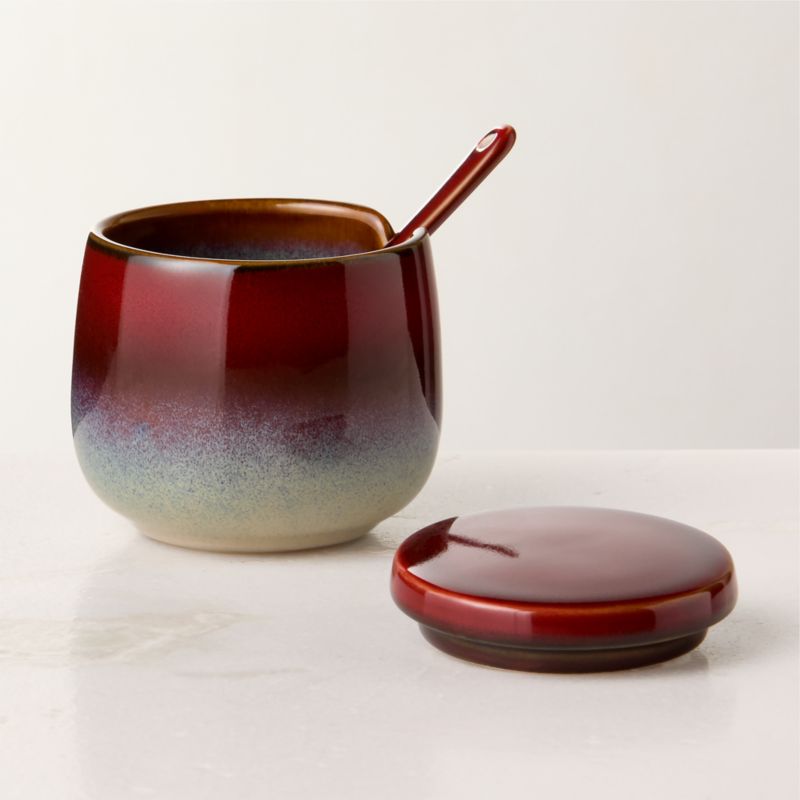 Mori Burgundy and Blue Sugar Bowl and Spoon with Reactive Glaze - image 1 of 5