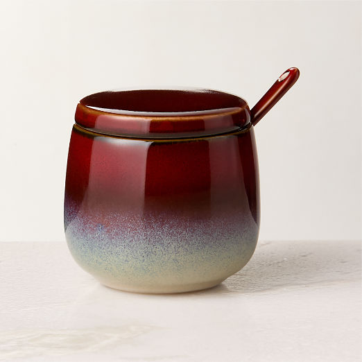 Mori Burgundy and Blue Sugar Bowl and Spoon with Reactive Glaze