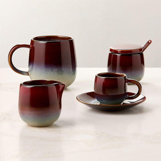 Mori Burgundy and Blue Espresso Cup and Saucer with Reactive Glaze 3oz