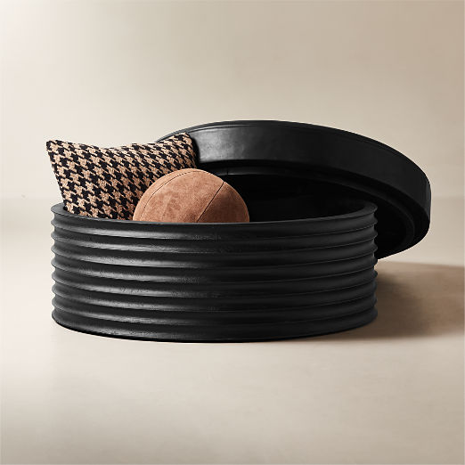 Mozambique Black Leather and Acacia Wood Ottoman