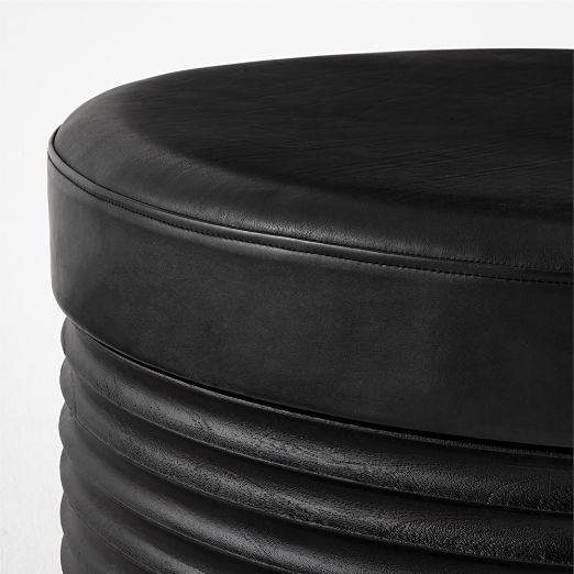 Mozambique Black Leather and Acacia Wood Ottoman