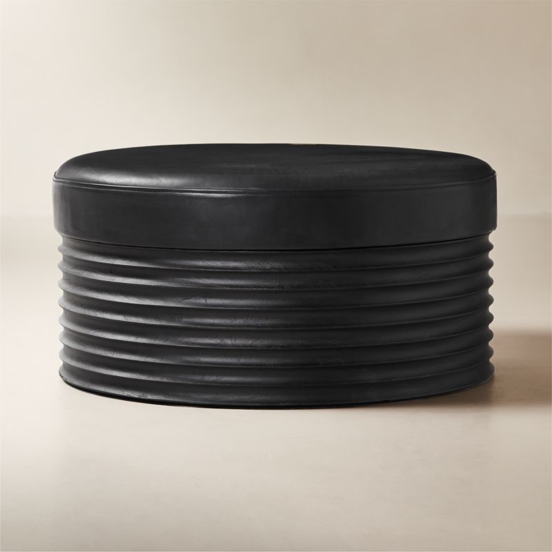 Mozambique Black Leather and Acacia Wood Ottoman - image 0 of 6