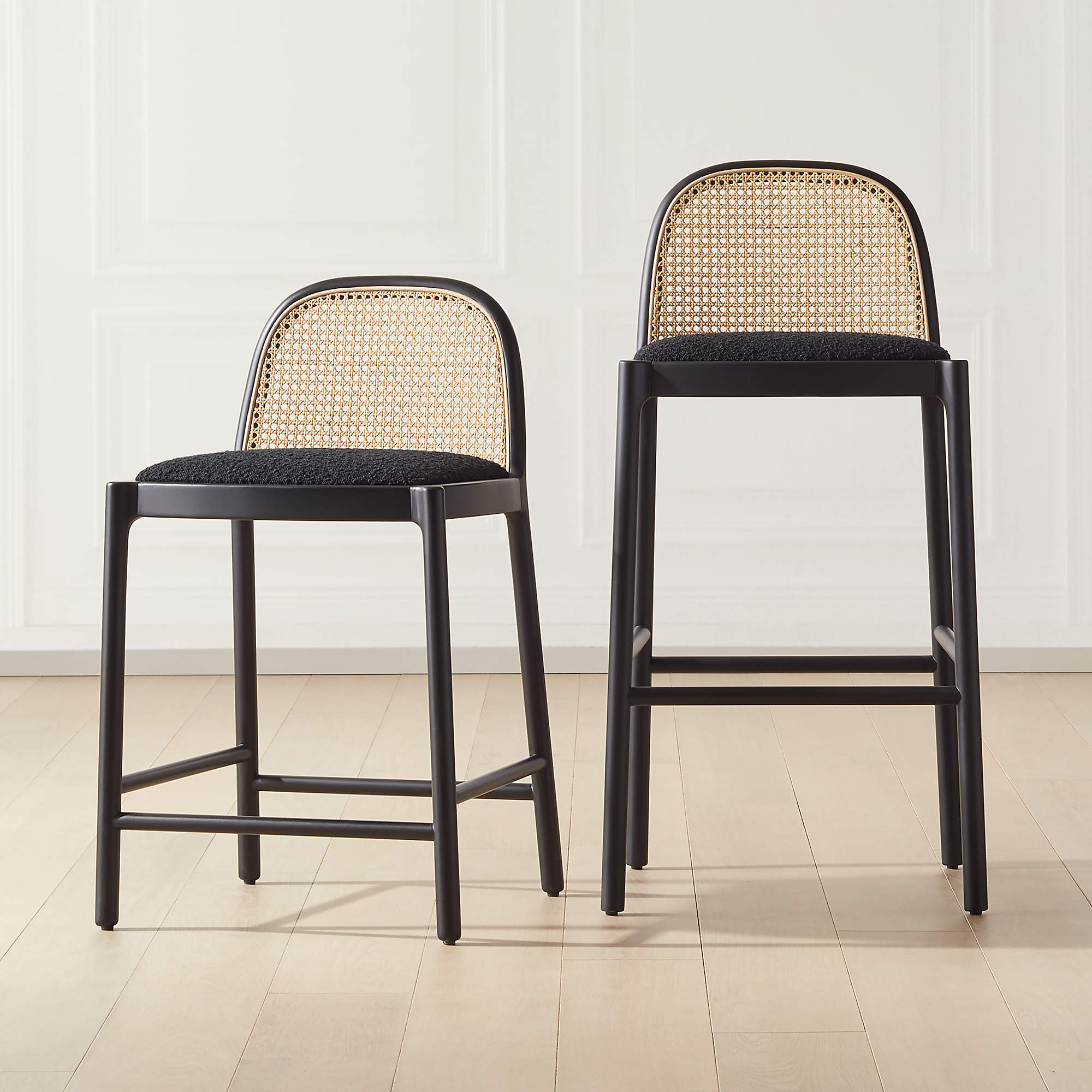 Nadia Black Cane Modern Bar Stools | CB2 Canada
