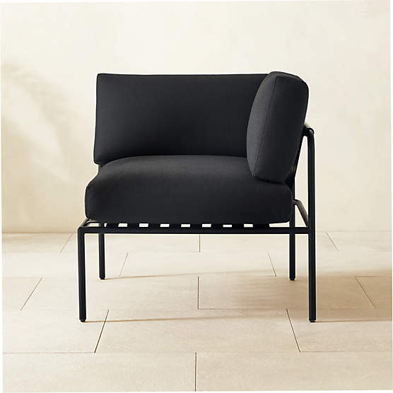 Navene Black Metal Outdoor Corner Chair with Black Cushions