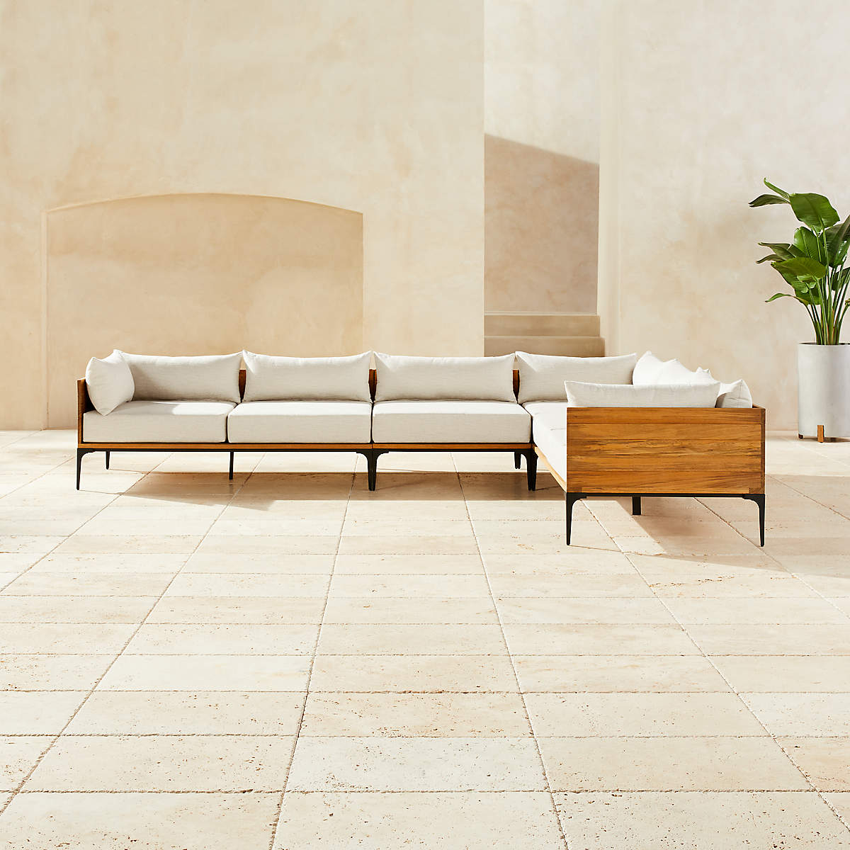 Naya 4Piece Cast Iron and Teak Sectional Sofa with Ivory Sunbrella