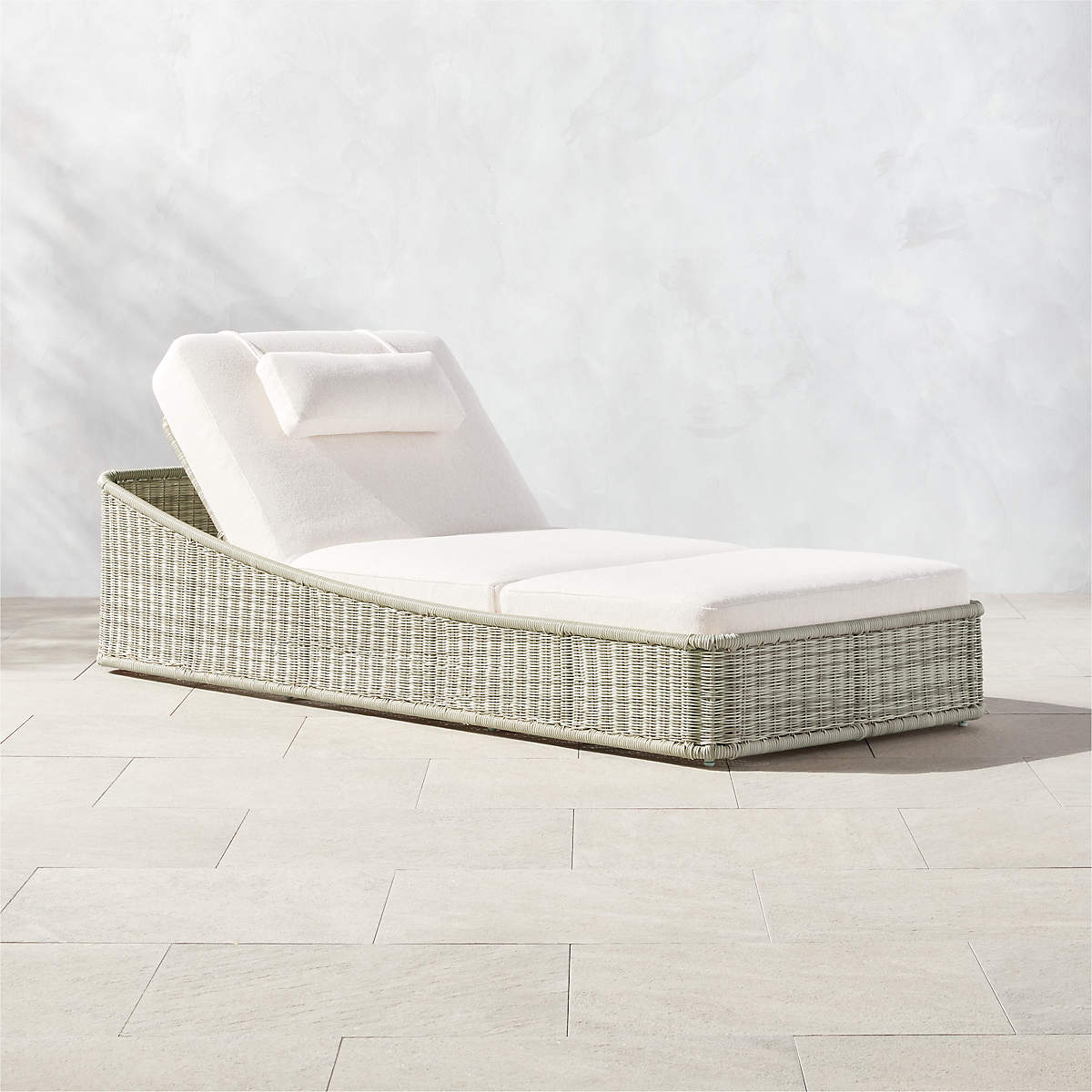 Nino Modern White Rattan Outdoor Chaise Lounge with White Boucle