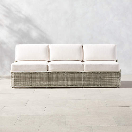 Sonya Modern Armless Outdoor Lounge Chair With Neutral Sunbrella   Nino Ivory Rattan Outdoor Sofa With Ivory Boucle Sunbrella Cushions 