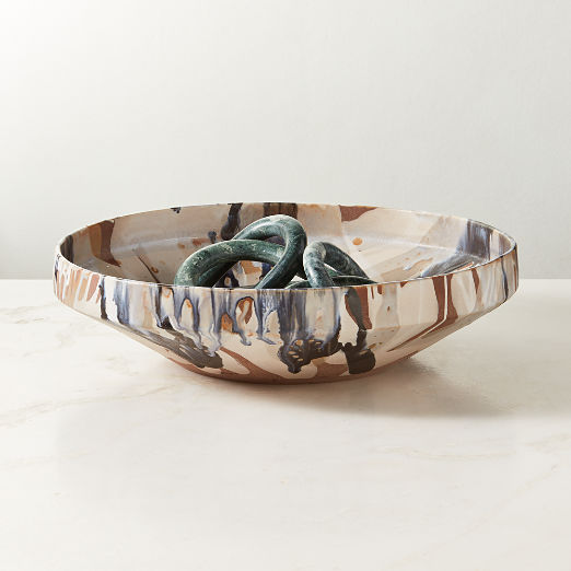 Notus Tan and Black Ceramic Decorative Large Bowl with Reactive Glaze