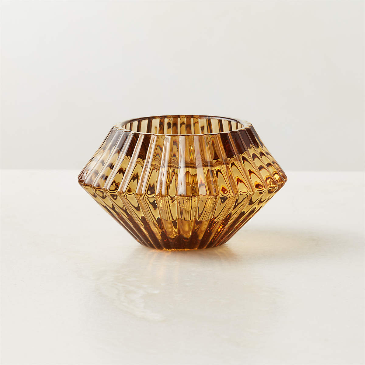 Nova Ribbed Amber Glass Reversible Tealight Holder | CB2