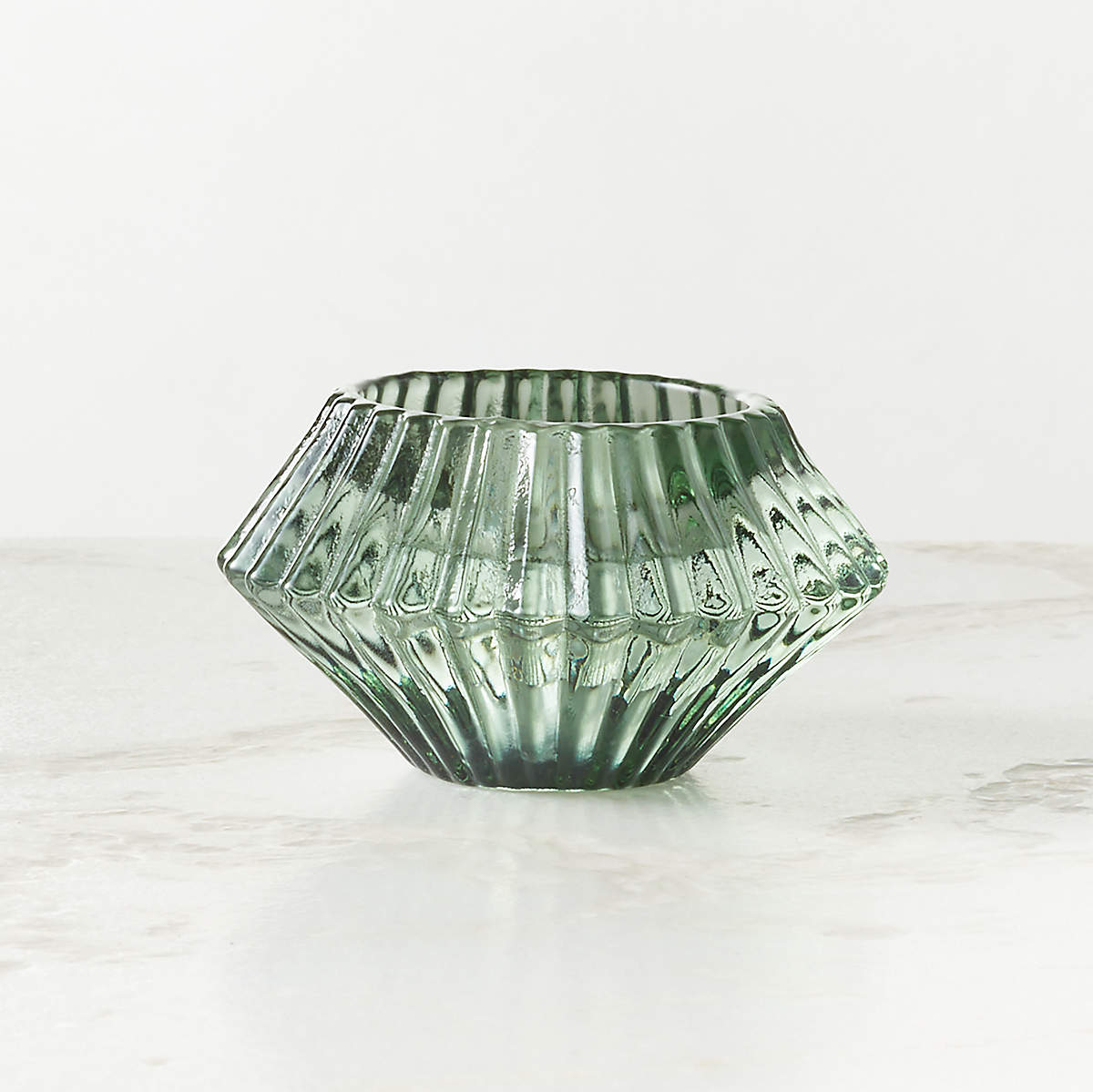 Nova Ribbed Green Glass Reversible Tealight Holder | CB2