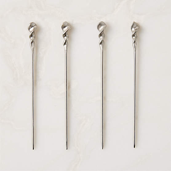 Nerano Silver Stainless Steel Cocktail Picks With Cast Brass Set of 4 by Nina Garcia