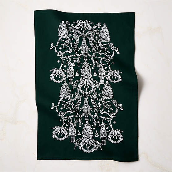Nutcracker Kingdom Dark Green with White Organic Cotton Tea towel