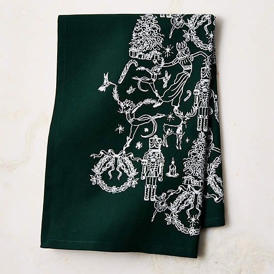 Nutcracker Kingdom Dark Green with White Organic Cotton Tea towel
