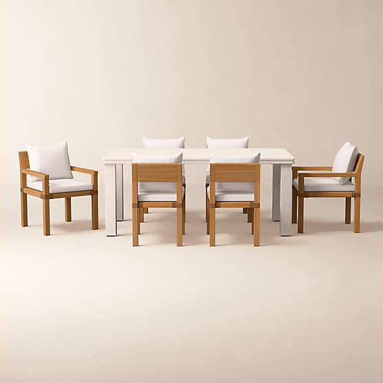 Oakley 72" Faux Limestone Indoor/Outdoor Dining Table Set with Ivory Sunbrella® Cushions