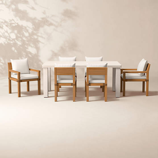 Oakley 72" Faux Limestone Indoor/Outdoor Dining Table Set with Ivory Sunbrella® Cushions