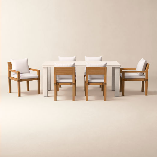 Oakley 72" Faux Limestone Indoor/Outdoor Dining Table Set with Ivory Sunbrella® Cushions