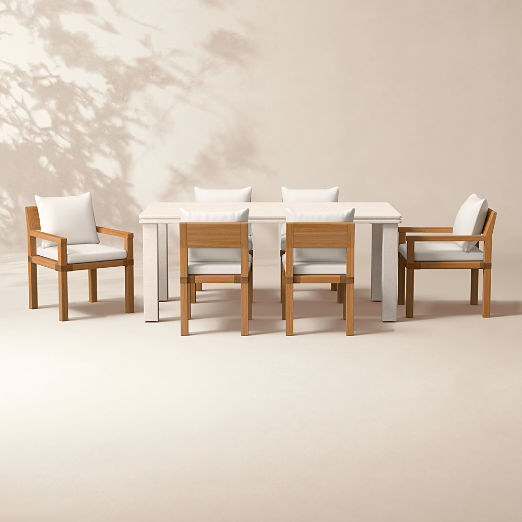 Oakley 72" Faux Limestone Indoor/Outdoor Dining Table Set with Ivory Sunbrella® Cushions