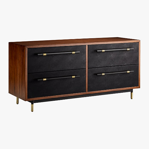 Oberlin 4-Drawer Low Black Vegan Leather and Wood Dresser