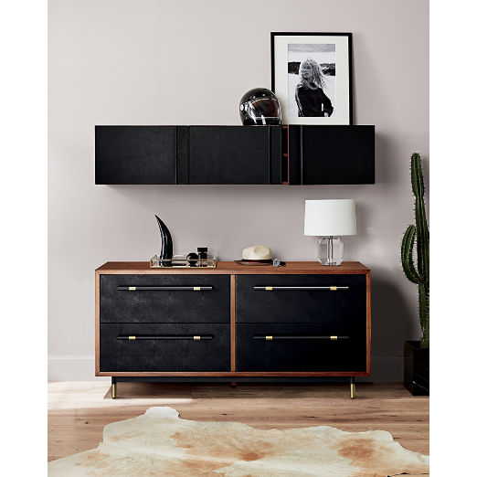 Oberlin 4-Drawer Low Black Vegan Leather and Wood Dresser