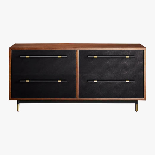 Oberlin 4-Drawer Low Black Vegan Leather and Wood Dresser