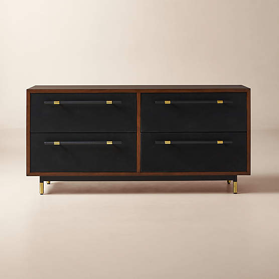 Oberlin 62" Black Vegan Leather and Wood 4-Drawer Dresser