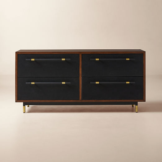 Oberlin 62" Black Vegan Leather and Wood 4-Drawer Dresser