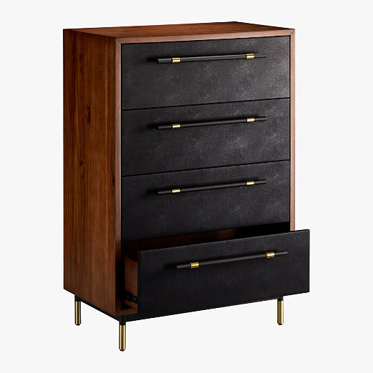 Oberlin Tall 4-Drawer Black Vegan Leather and Wood Dresser