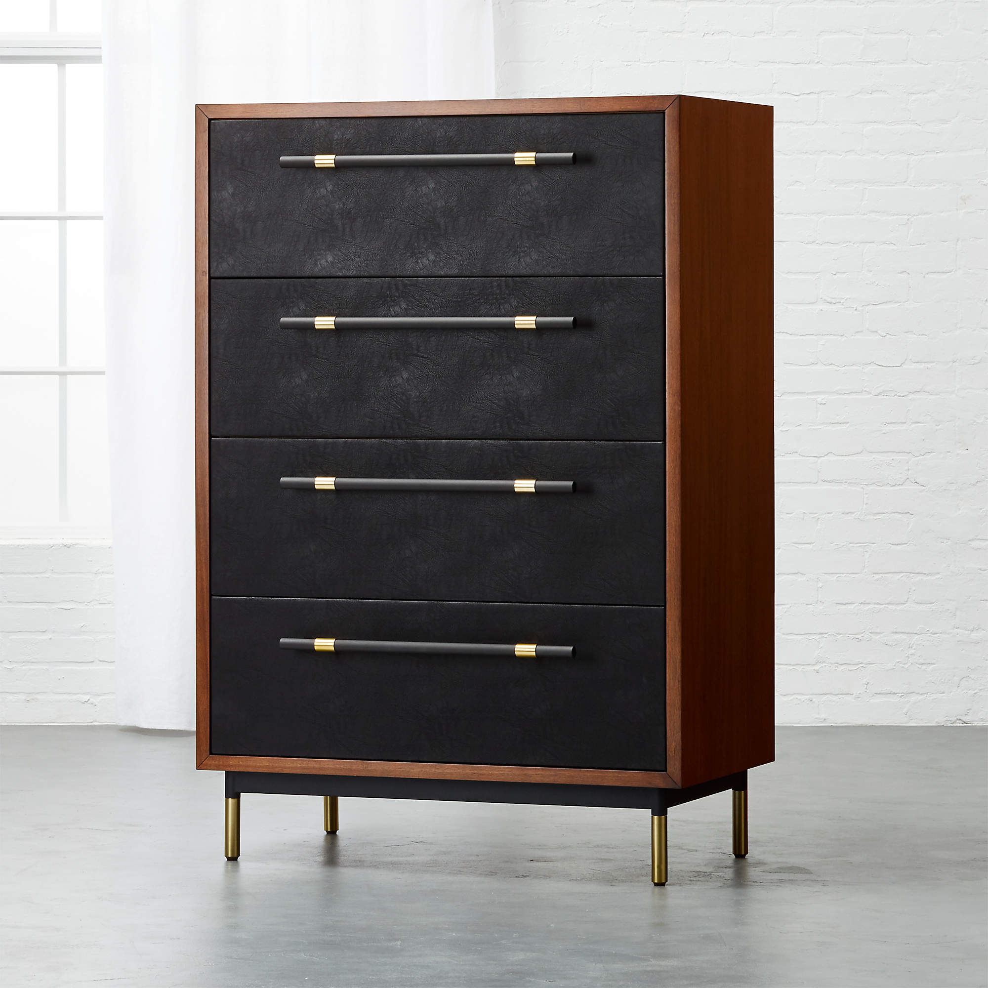 Oberlin Tall 4Drawer Black Leather and Wood Dresser + Reviews CB2