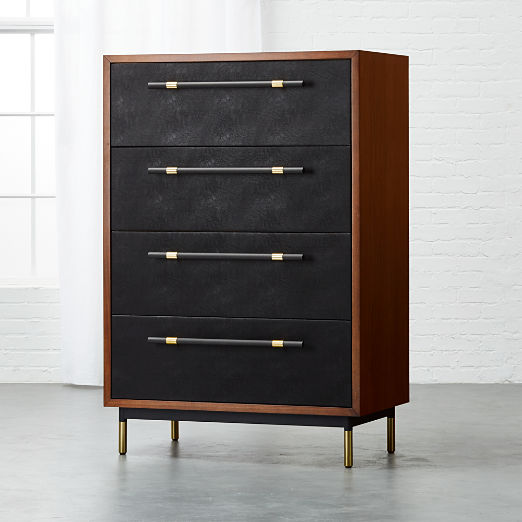 Oberlin 4-Drawer Tall Black Vegan Leather and Wood Dresser