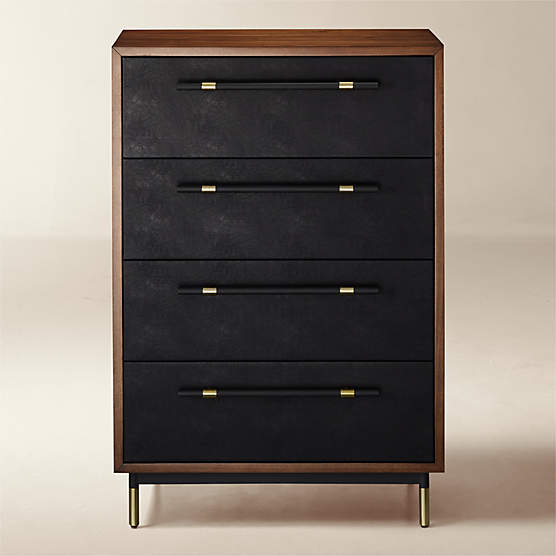 Oberlin 35" Black Vegan Leather and Wood 4-Drawer Tall Dresser
